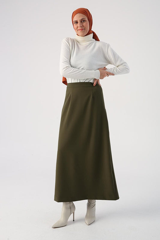 Khaki Elastic Waist Pencil Skirt