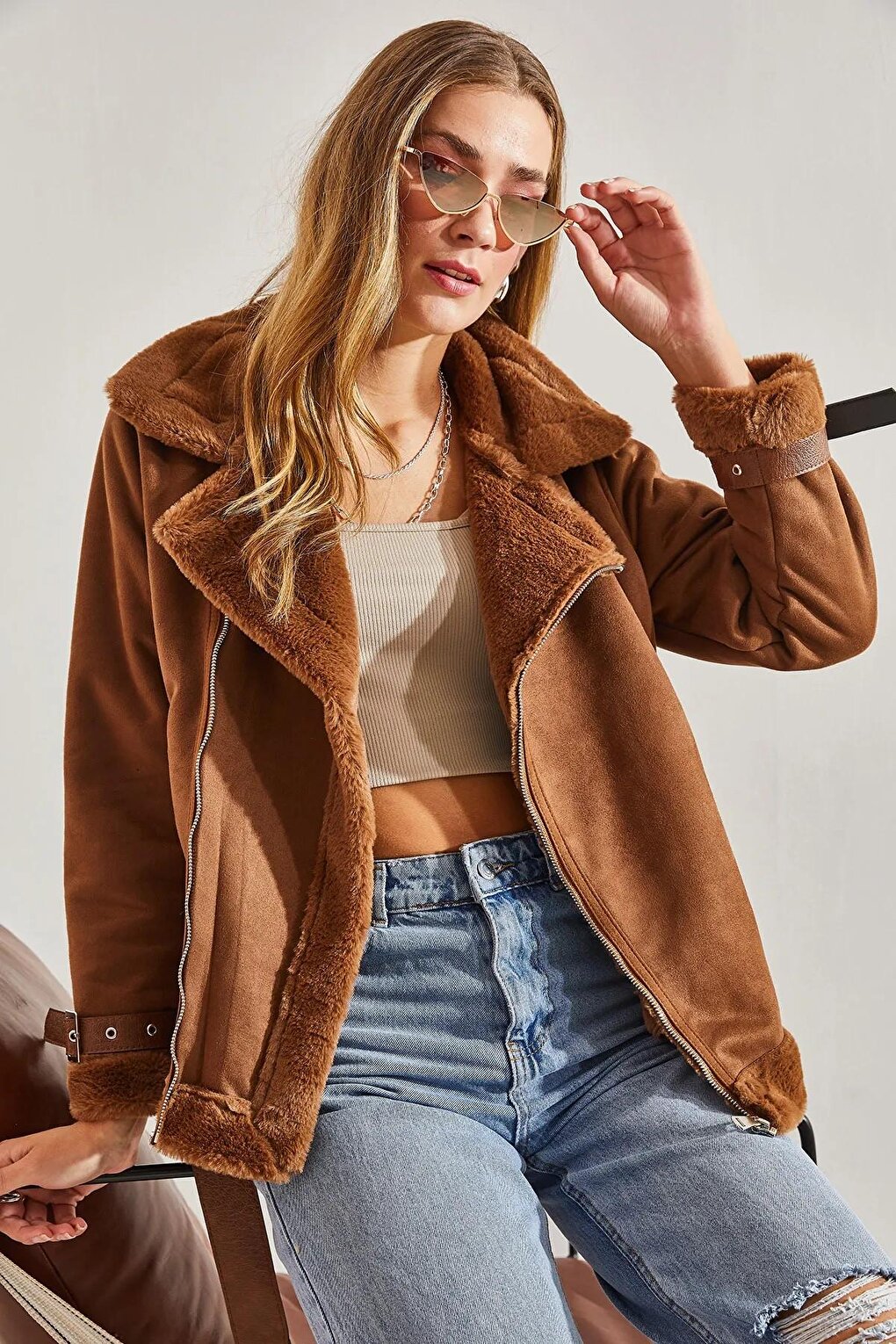 Women's Laminated Suede Belt Detailed Coat