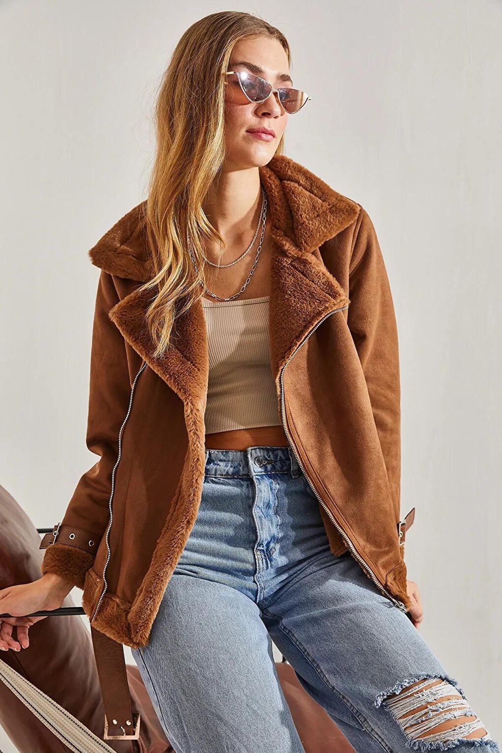 Women's Laminated Suede Belt Detailed Coat