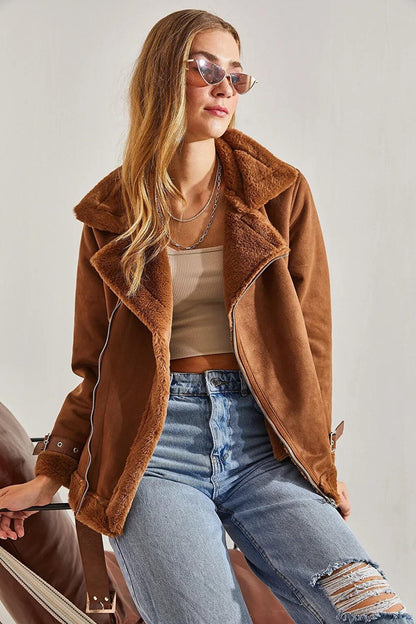 Women's Laminated Suede Belt Detailed Coat