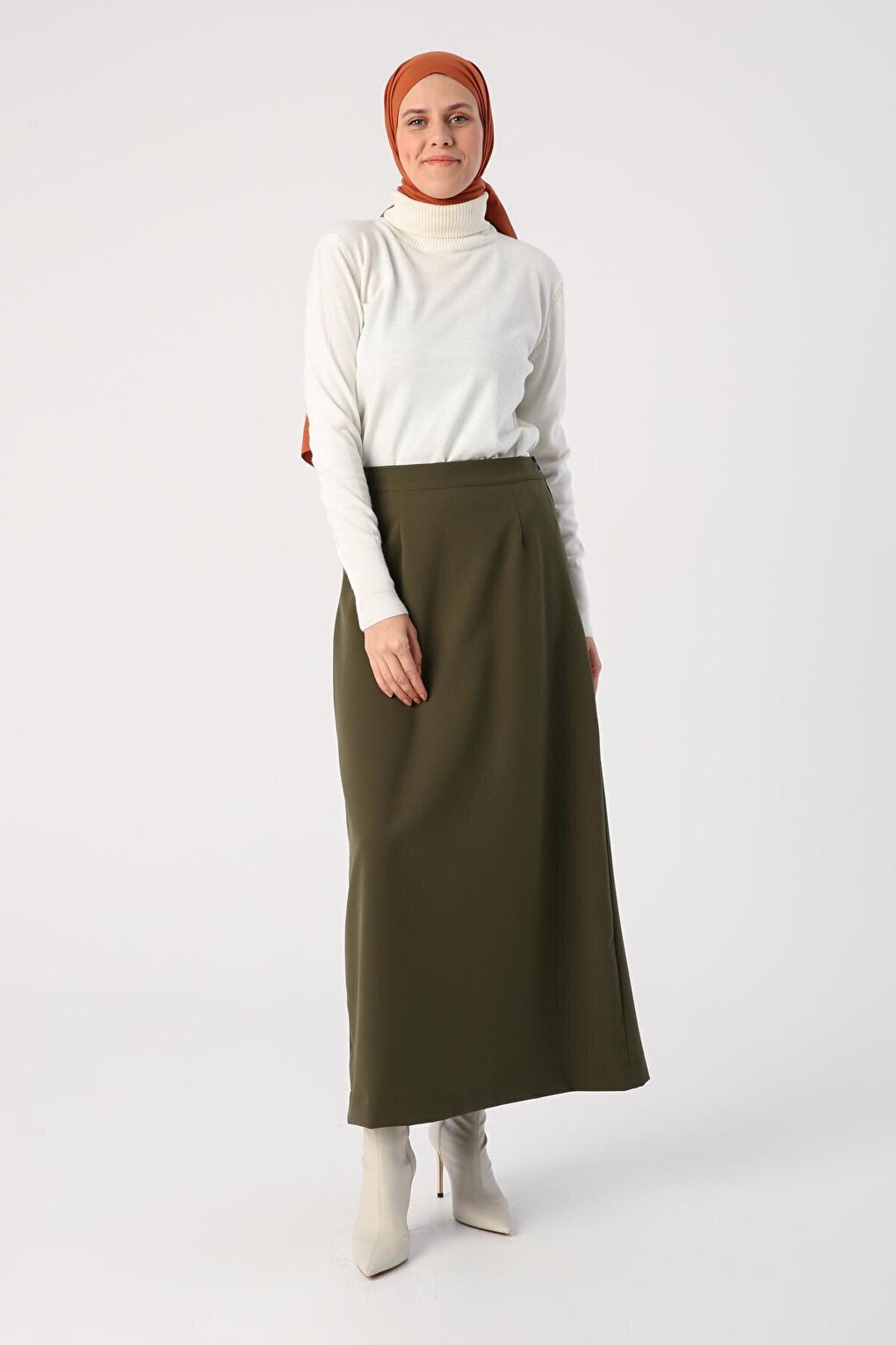 Khaki Elastic Waist Pencil Skirt