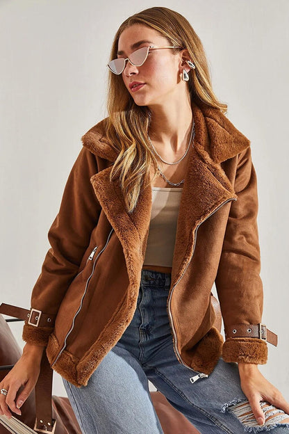 Women's Laminated Suede Belt Detailed Coat