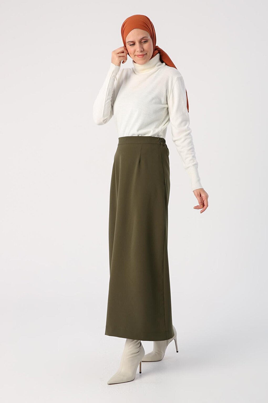 Khaki Elastic Waist Pencil Skirt