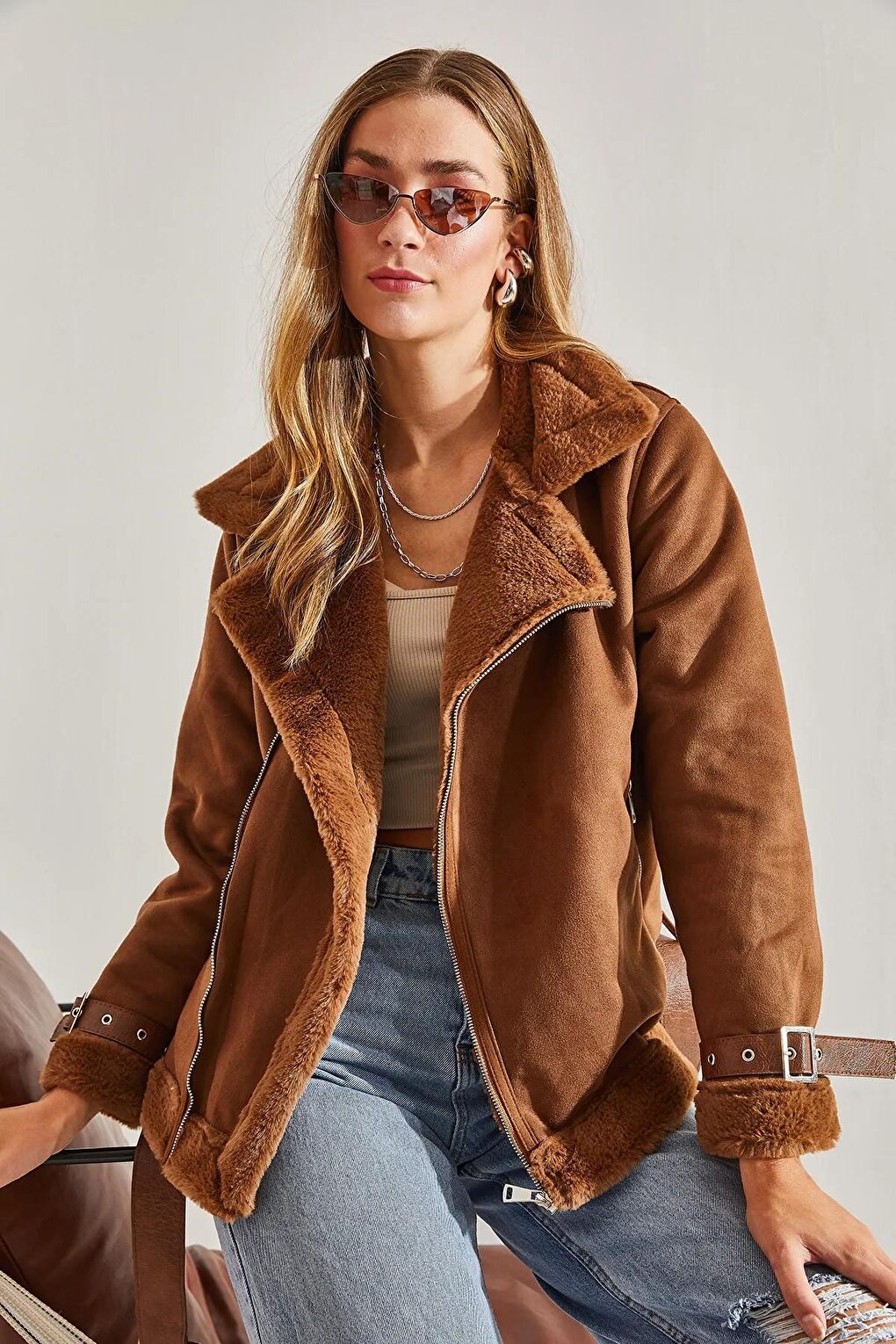 Women's Laminated Suede Belt Detailed Coat