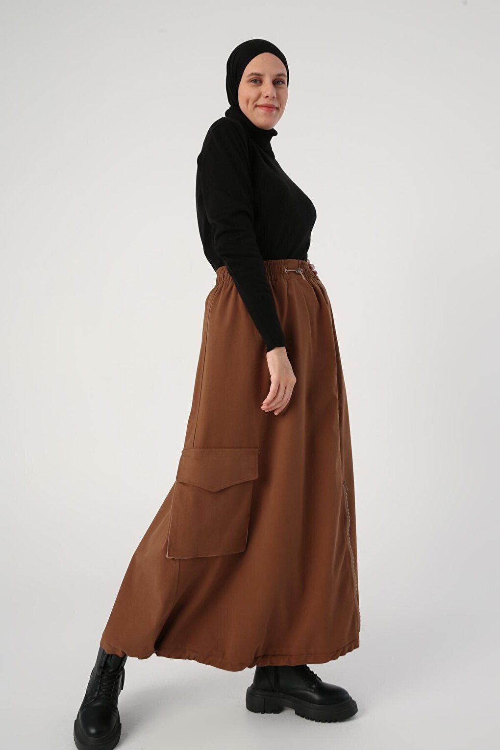 Light Brown Cotton Contrast Woven Garnished Zippered Cargo Skirt