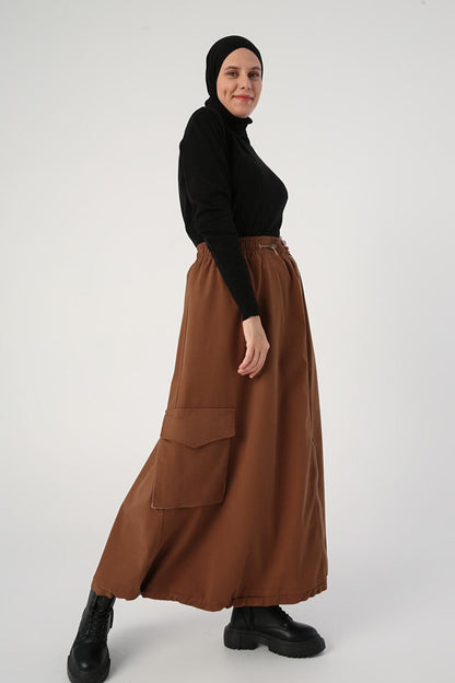 Light Brown Cotton Contrast Woven Garnished Zippered Cargo Skirt