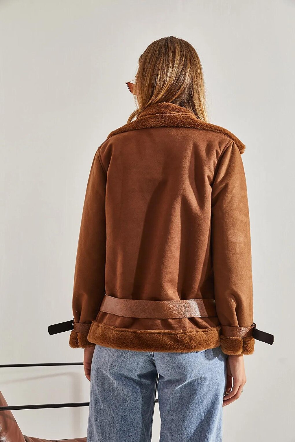 Women's Laminated Suede Belt Detailed Coat