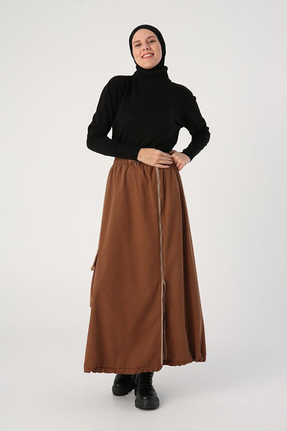 Light Brown Cotton Contrast Woven Garnished Zippered Cargo Skirt