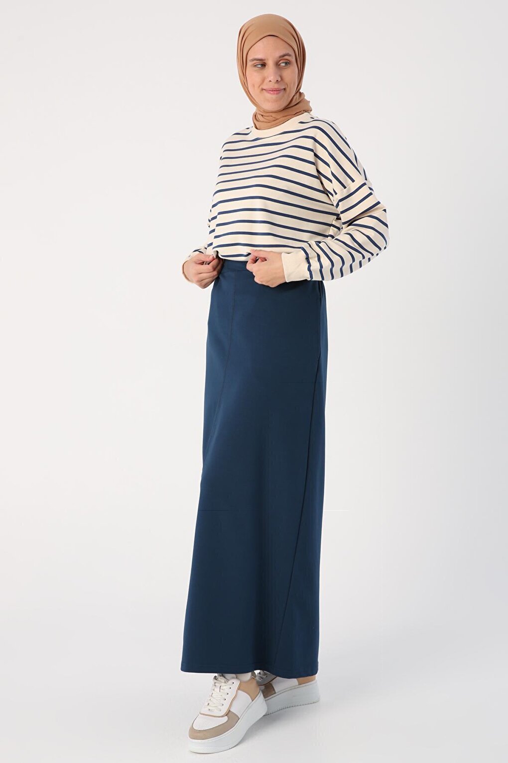 Dark Indigo Elastic Waist Straight Narrow Skirt