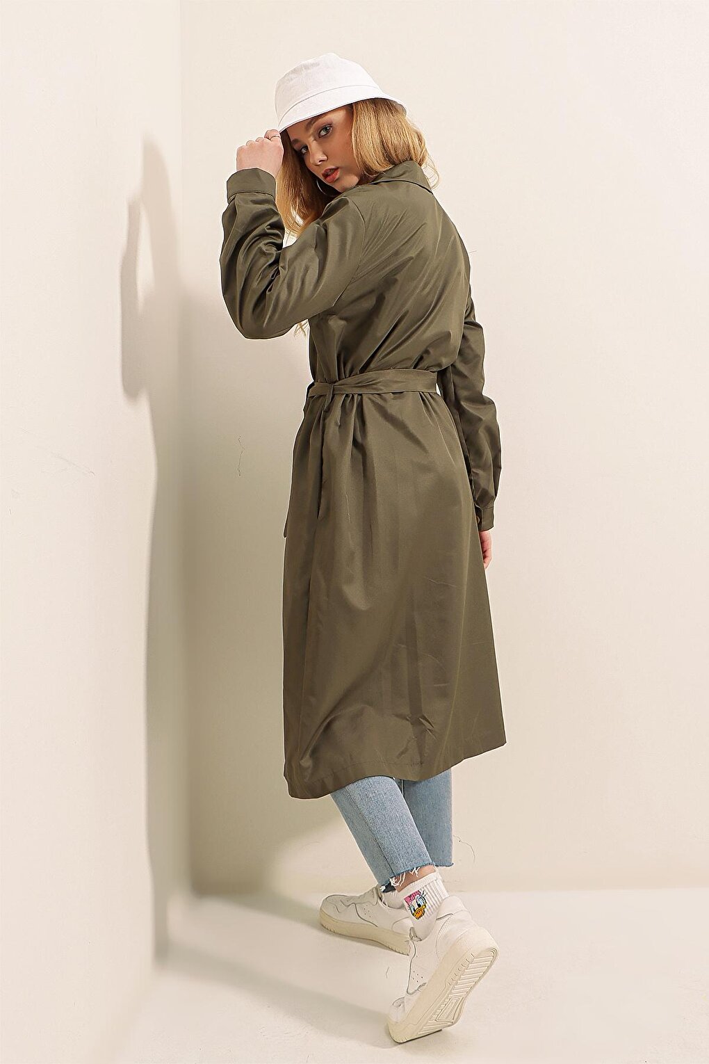 Women's Khaki Double Breasted Collar Tie Waist Button Trench Coat