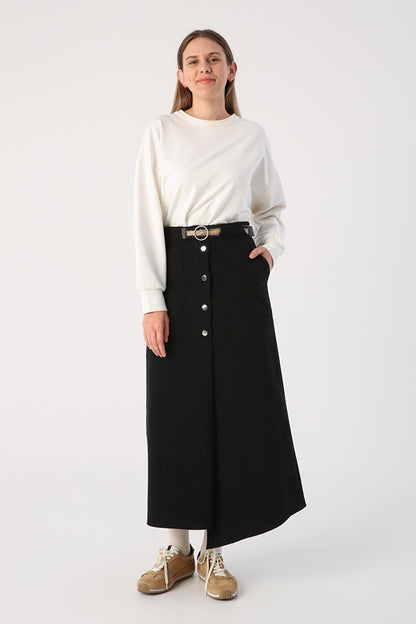 Black 100% Cotton Asymmetrical Skirt with Belt and Snap Fasteners