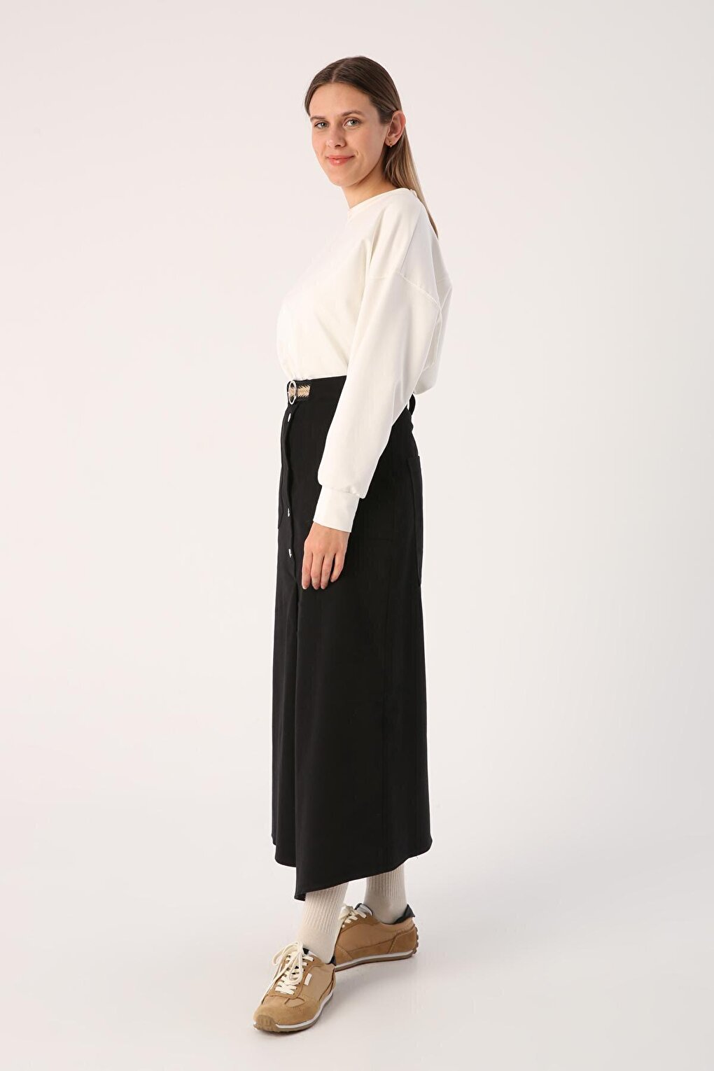 Black 100% Cotton Asymmetrical Skirt with Belt and Snap Fasteners