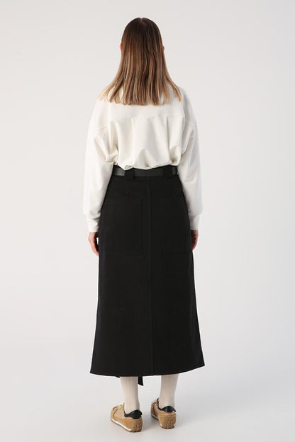 Black 100% Cotton Asymmetrical Skirt with Belt and Snap Fasteners