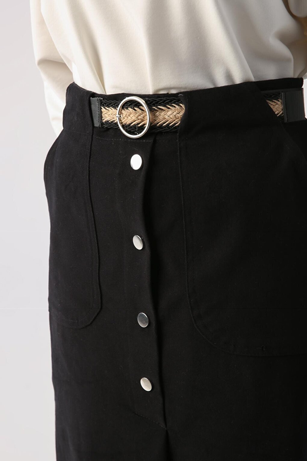 Black 100% Cotton Asymmetrical Skirt with Belt and Snap Fasteners