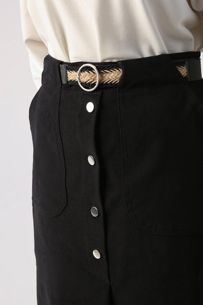 Black 100% Cotton Asymmetrical Skirt with Belt and Snap Fasteners