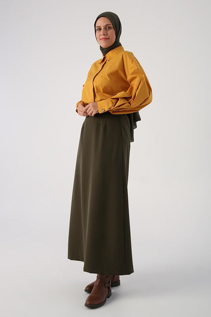 Khaki Elastic Waist Pencil Skirt