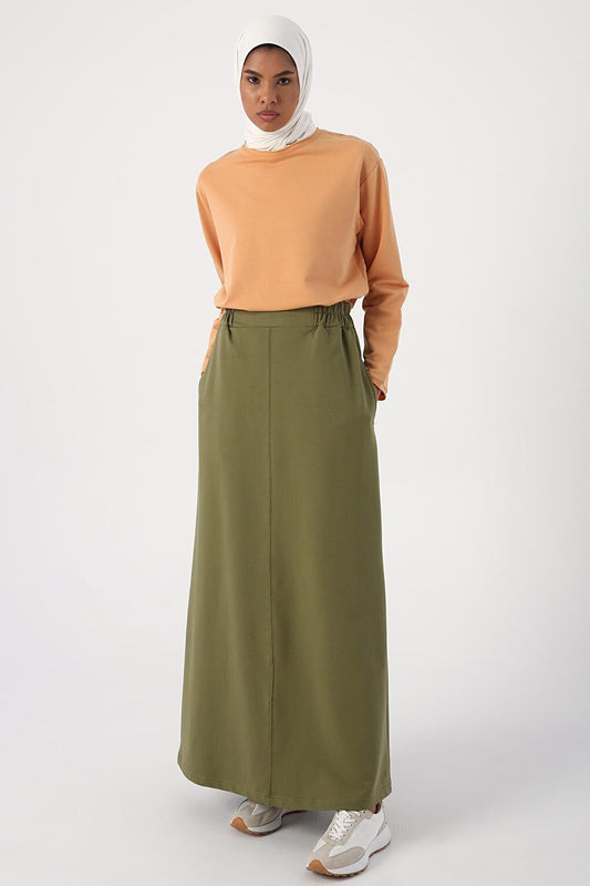 Light Khaki Elastic Waist Straight Narrow Skirt