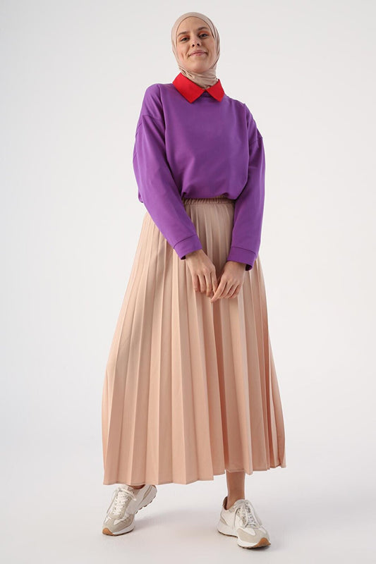 Beige Elastic Waist Knitted Pleat Skirt