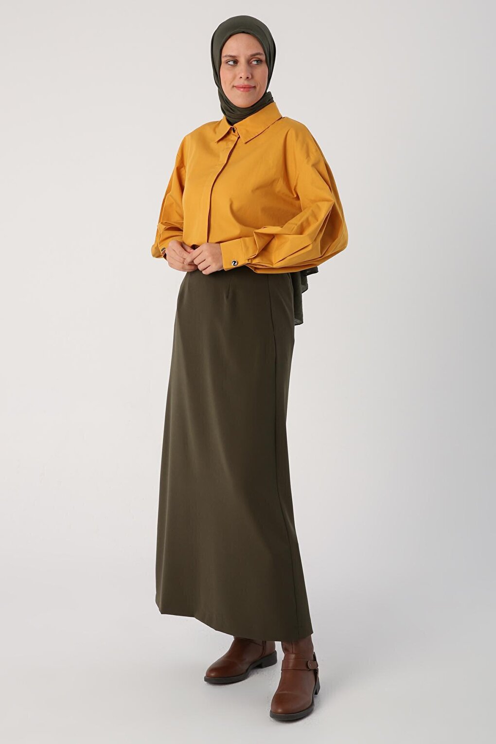 Khaki Elastic Waist Pencil Skirt