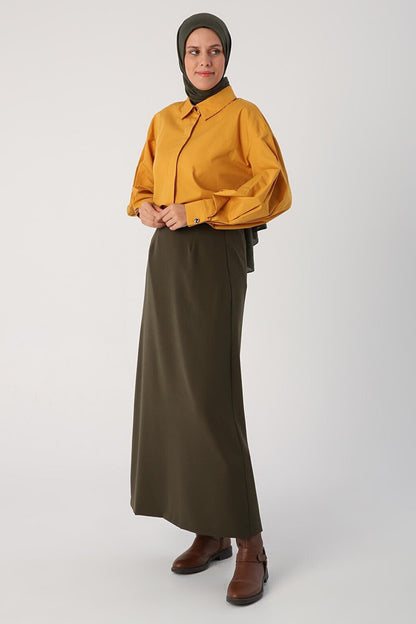 Khaki Elastic Waist Pencil Skirt