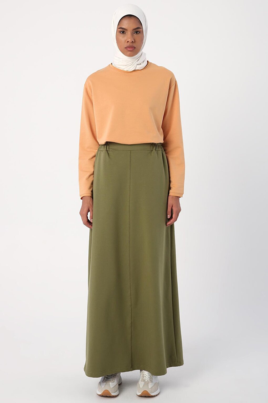 Light Khaki Elastic Waist Straight Narrow Skirt