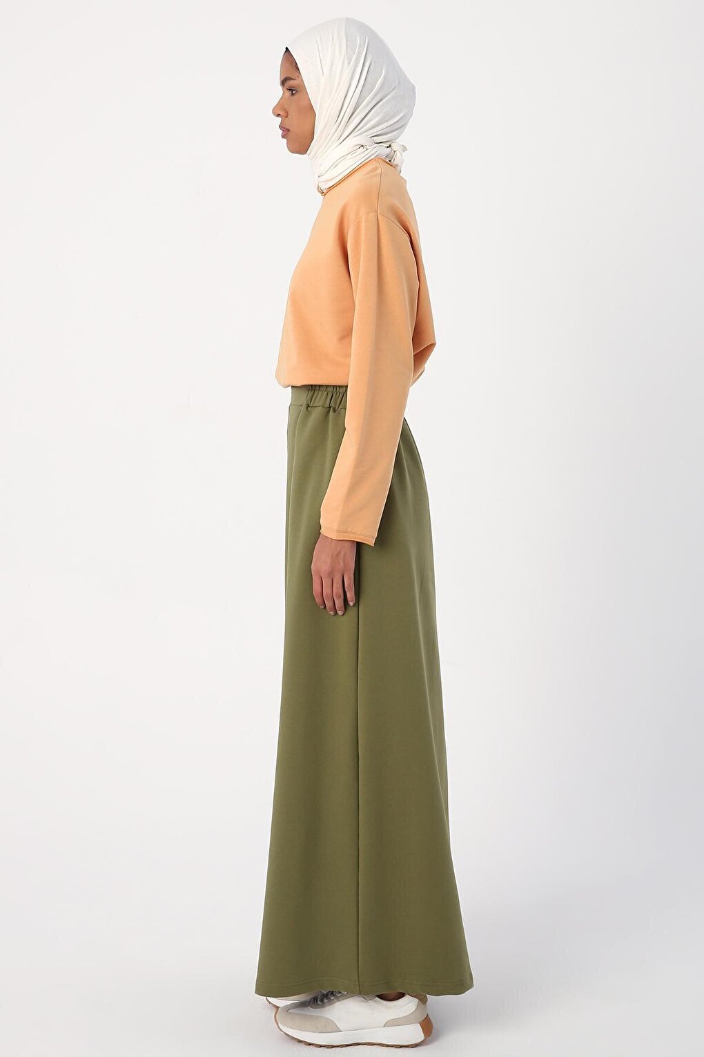 Light Khaki Elastic Waist Straight Narrow Skirt