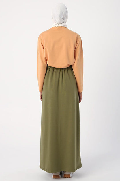 Light Khaki Elastic Waist Straight Narrow Skirt