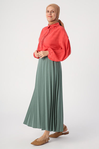 Khaki Elastic Waist Knitted Pleat Skirt