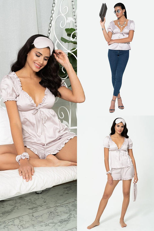 5-Piece Inside &amp; Outside Frilly Gray Pajama Set