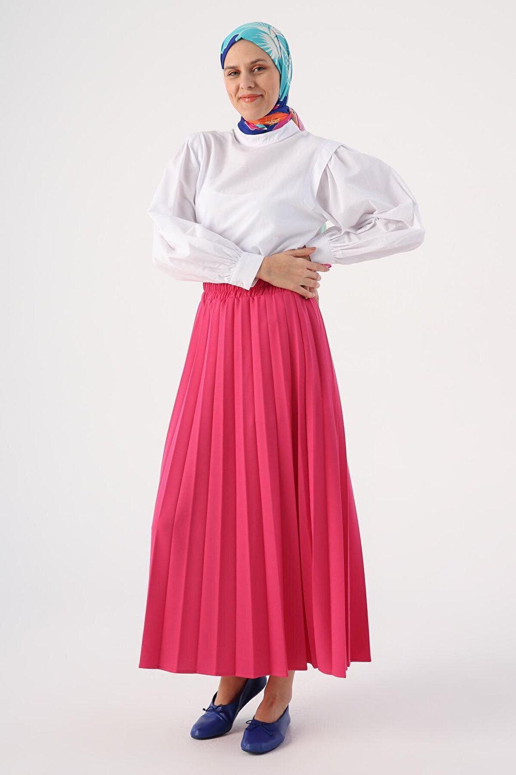 Fuchsia Elastic Waist Knitted Pleat Skirt