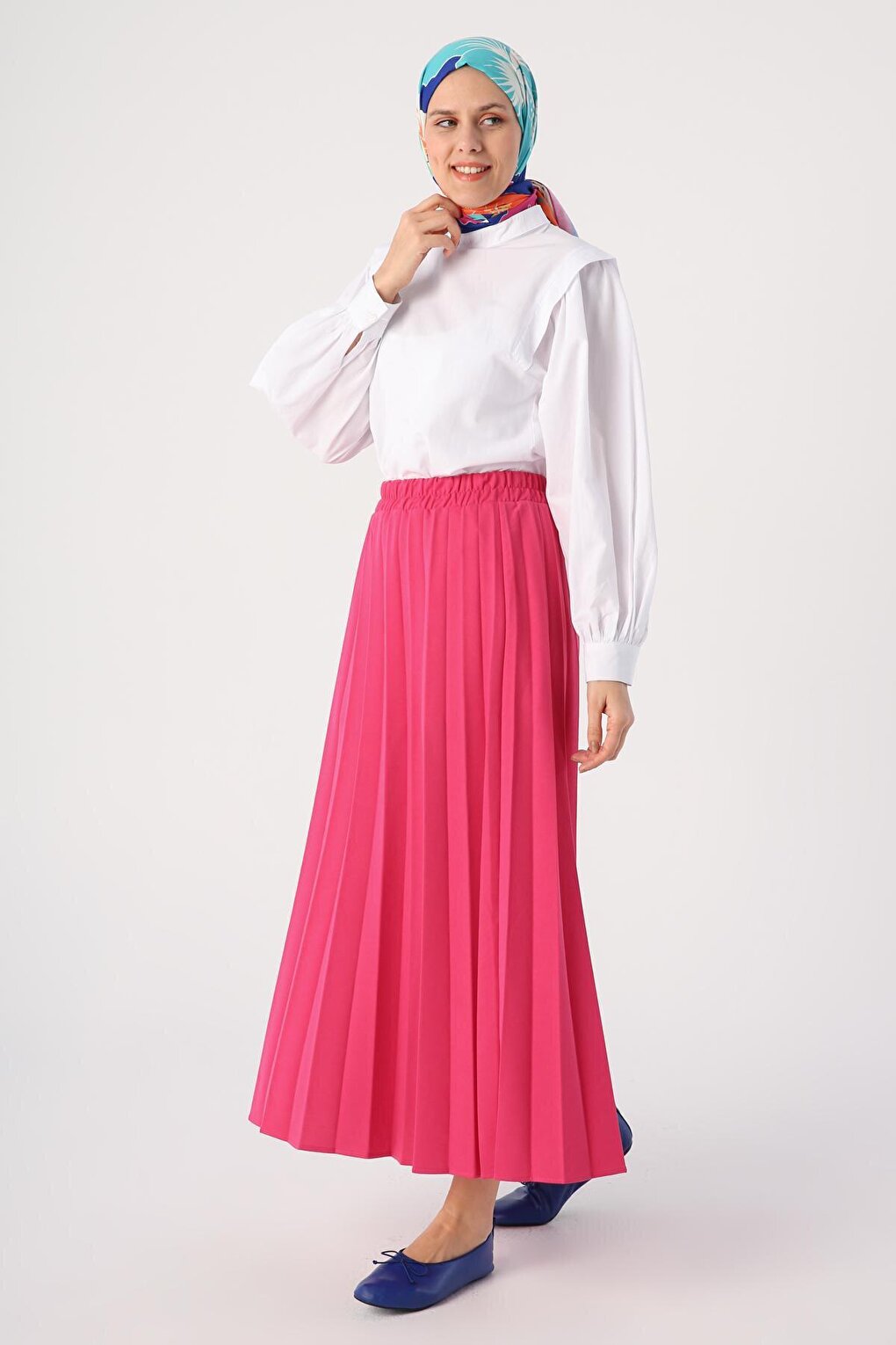 Fuchsia Elastic Waist Knitted Pleat Skirt