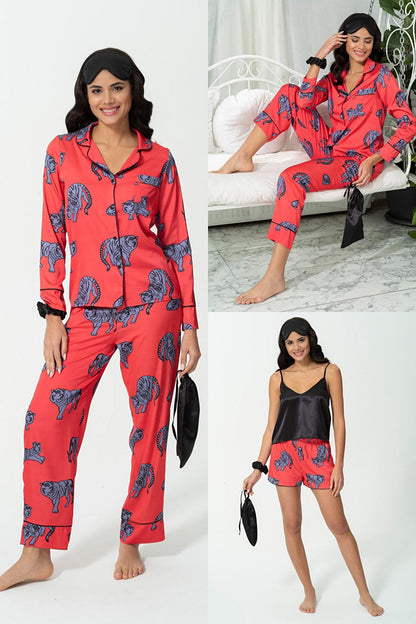 7-Piece Tiger Pattern Red Satin Pajama Set