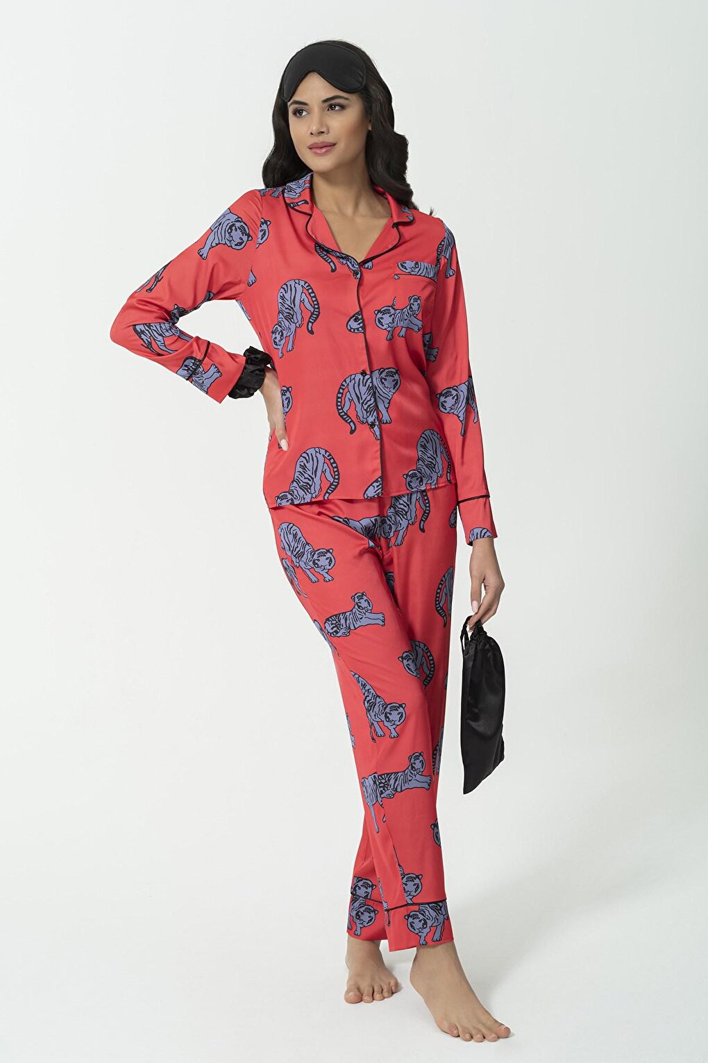 7-Piece Tiger Pattern Red Satin Pajama Set