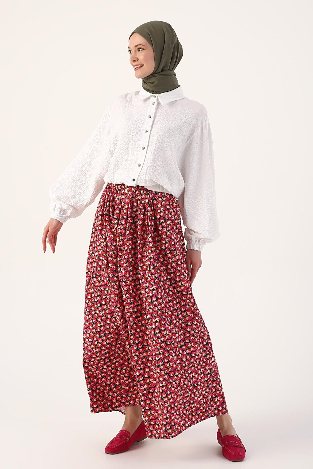 Navy Blue-Pink Printed 100% Cotton Skirt with Elastic Waist