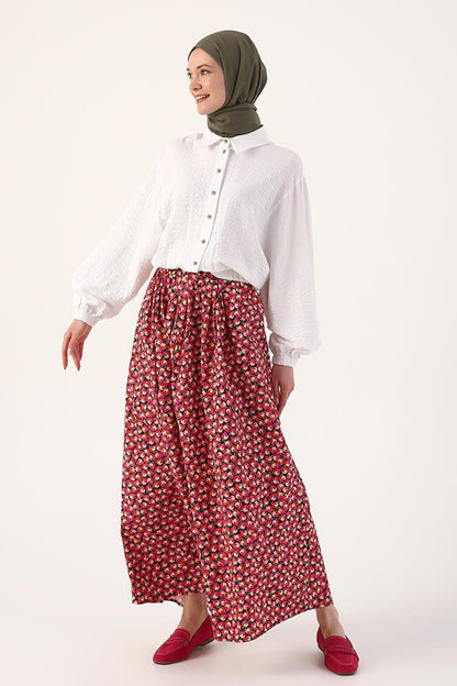 Navy Blue-Pink Printed 100% Cotton Skirt with Elastic Waist