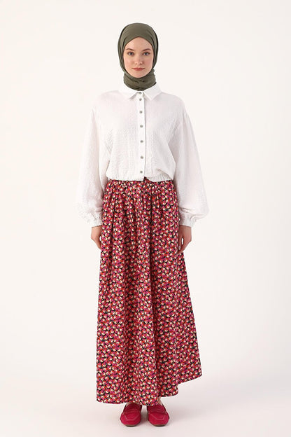 Navy Blue-Pink Printed 100% Cotton Skirt with Elastic Waist