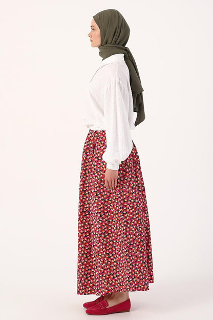 Navy Blue-Pink Printed 100% Cotton Skirt with Elastic Waist