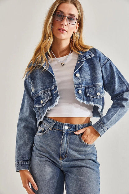 Women's Ripped Patterned Denim Jacket