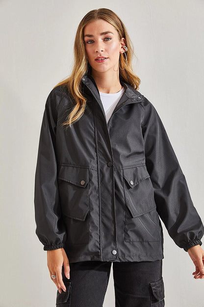 Women's Hooded, Snap Fastener, Zippered Lined Raincoat