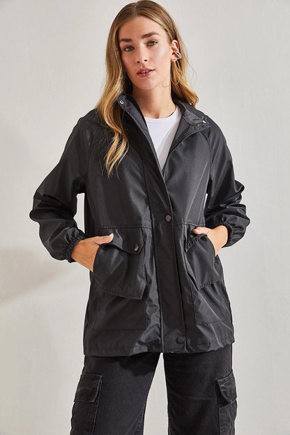 Women's Hooded, Snap Fastener, Zippered Lined Raincoat