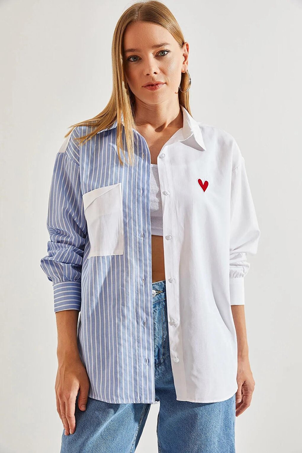 Women's Double Color Heart Printed Shirt