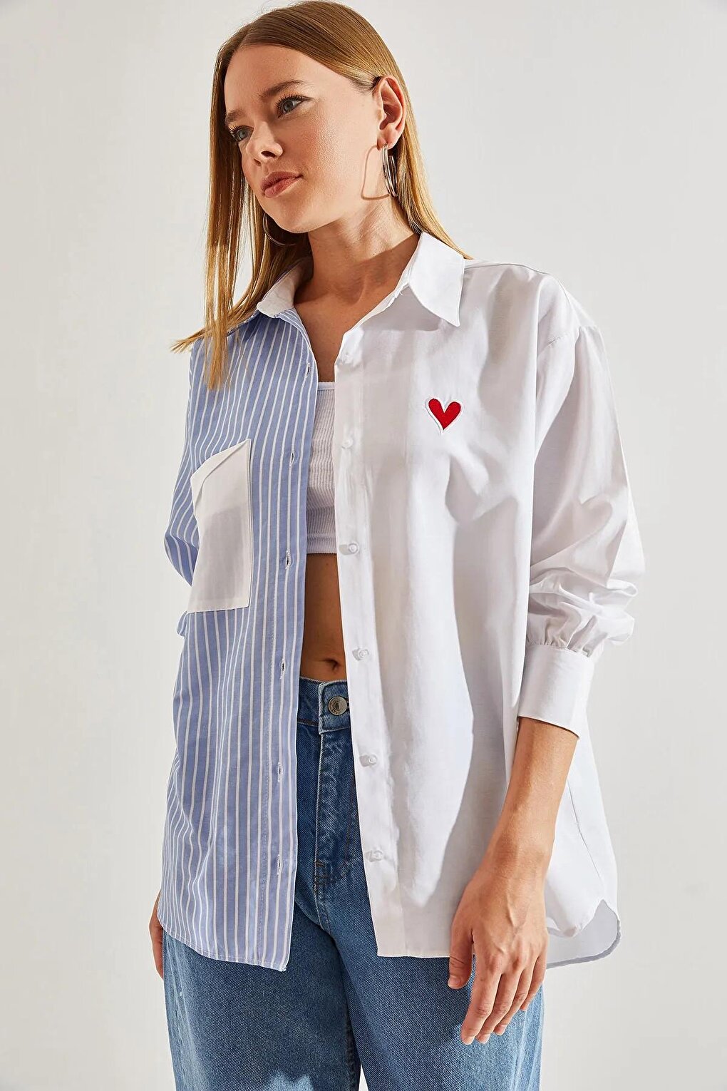 Women's Double Color Heart Printed Shirt