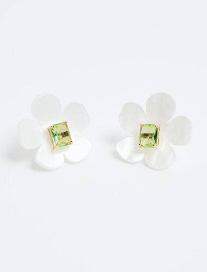 Stylish Earrings with Green Flower Figures and Large Stones