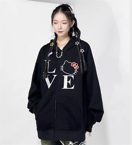 Love Cat Printed Oversize Zippered Black Unisex Hooded Cardigan