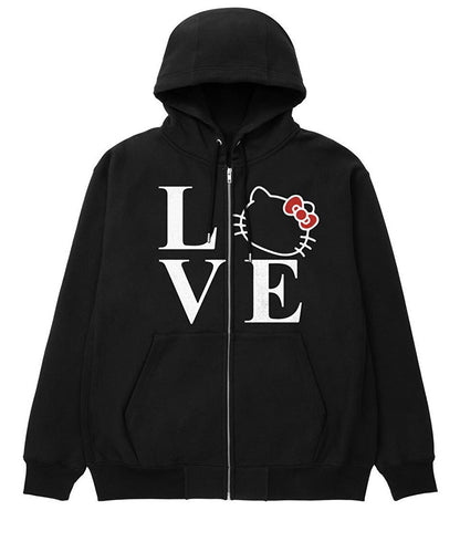 Love Cat Printed Oversize Zippered Black Unisex Hooded Cardigan