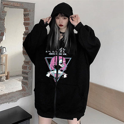 Antisocial Anime Girl Printed Oversize Zippered Black Unisex Hooded Cardigan