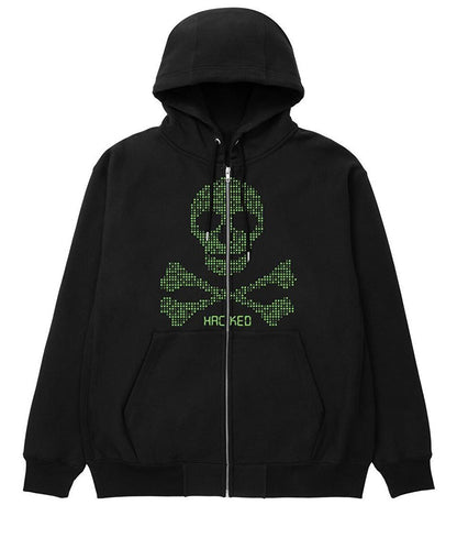 Hacked Printed Oversize Zippered Black Unisex Hooded Cardigan