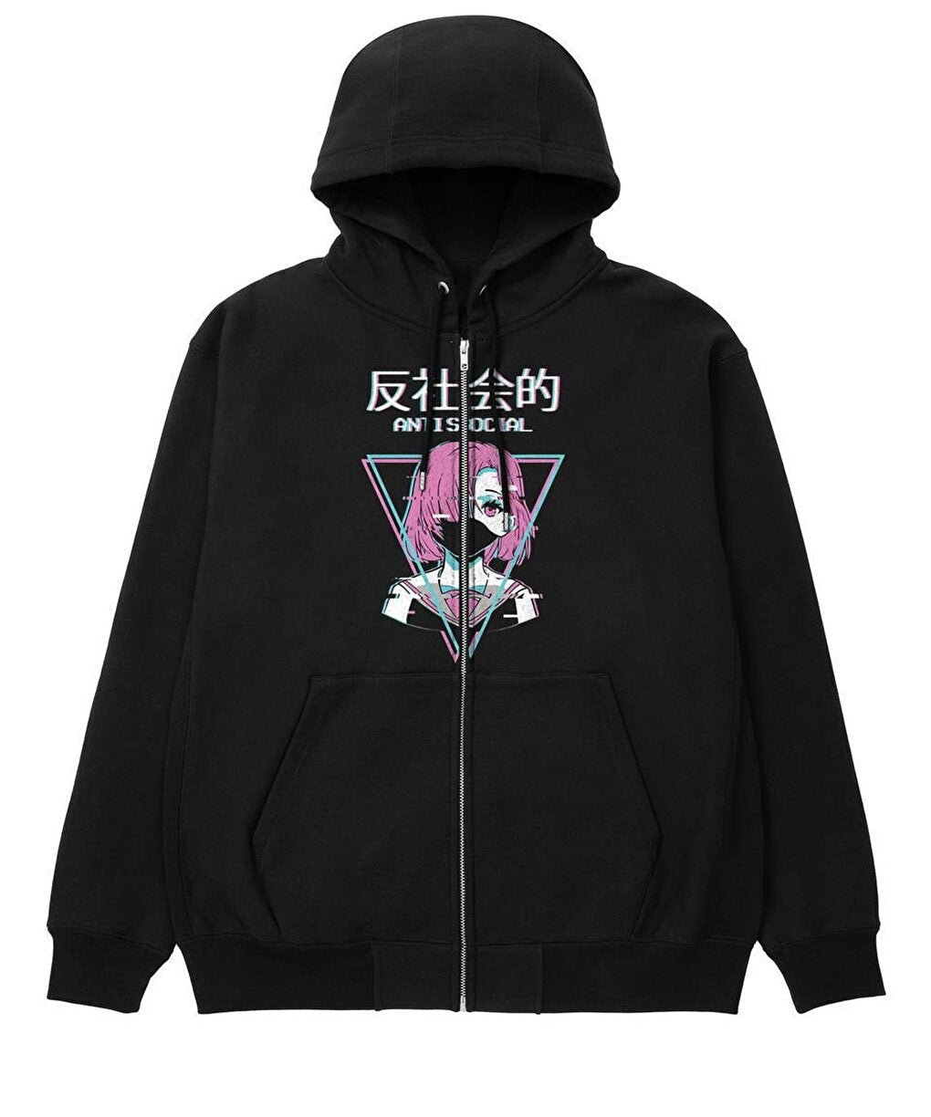 Antisocial Anime Girl Printed Oversize Zippered Black Unisex Hooded Cardigan