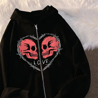 Love Skulls Printed Oversize Zippered Black Unisex Hooded Cardigan