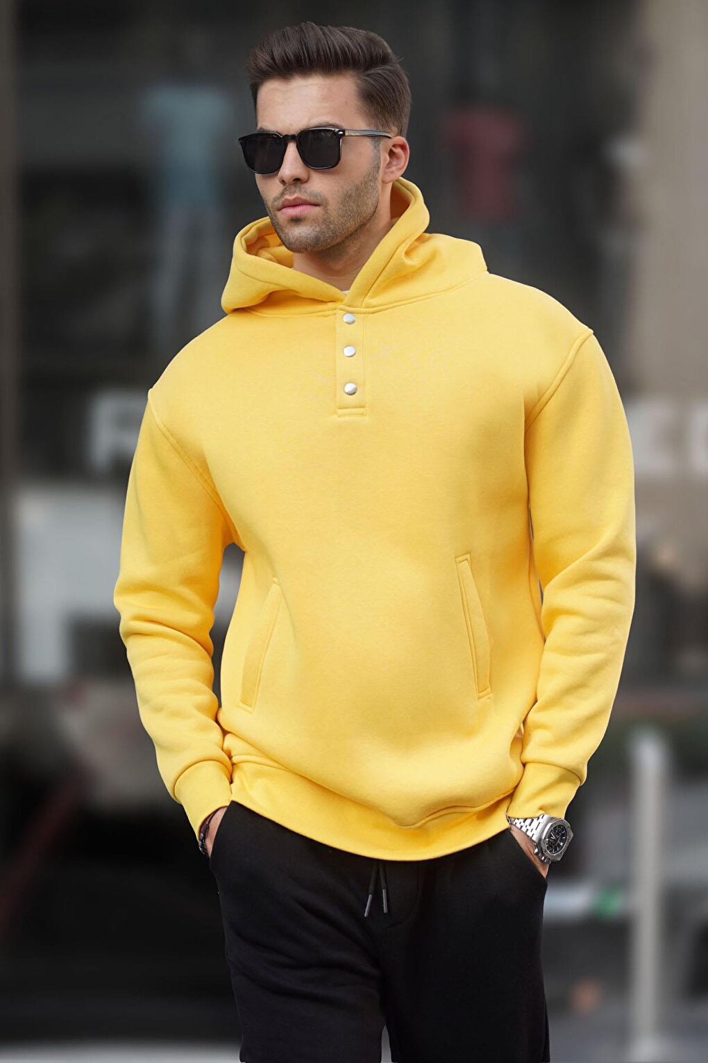 Yellow Hooded Button Detailed Sweatshirt 6150